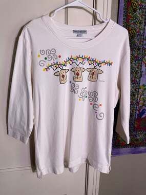 Port Authority White 3/4 Sleeve Top Womens L Holiday Cat Christmas Graphic